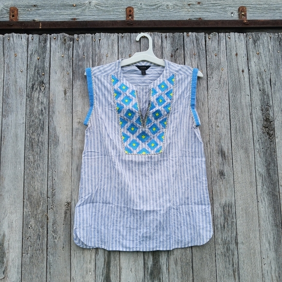 J.crew Stripe Embroidered Suburst Popover Sleeveless Blouse Top Womens Sz 4 - Picture 1 of 5